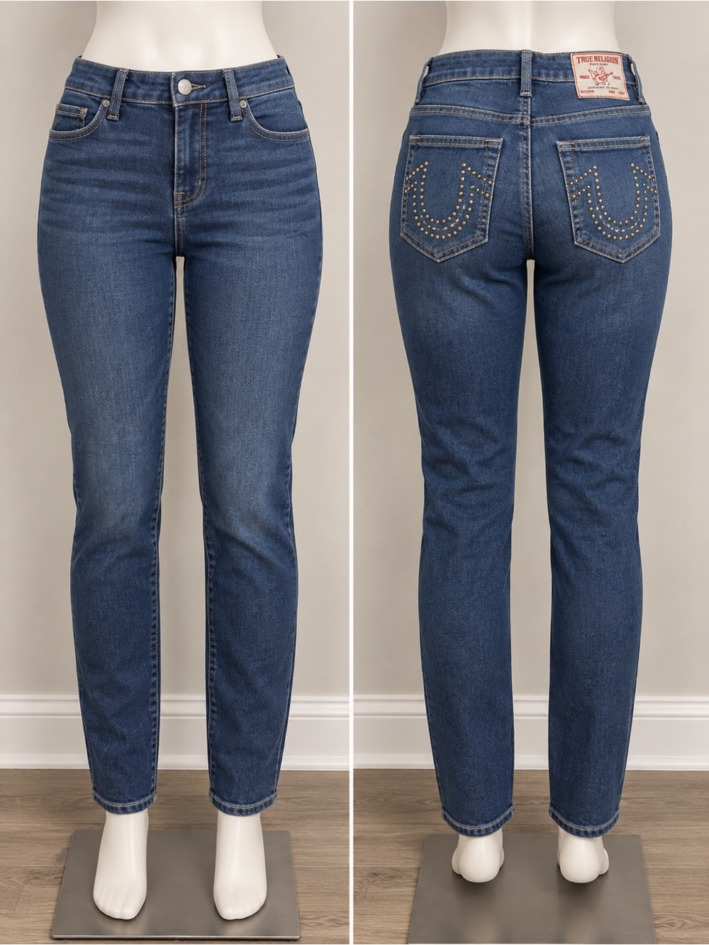 True Religion Women's Straight Leg Jeans in Dark Blue Wash